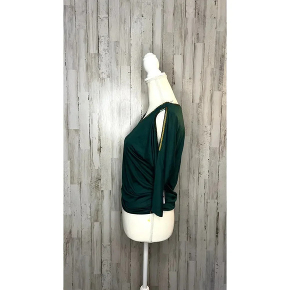 NWT Jessica Simpson Womens XS Green 3/4 Sleeve Blouse Gold Trim Shoulder Cut Out - Picture 4 of 6